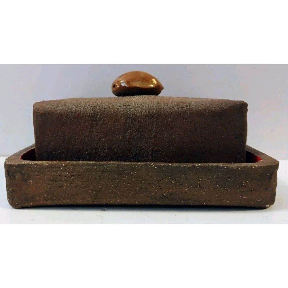 Vintage Studio Pottery Butter Dish Faux Bois Wood Bark Ceramic Covered Box Red